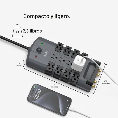 Vista 4 de Regleta giratoria con protección contra sobretensión y protección para teléfono con cable de 6 pies de Belkin Estándar Gris