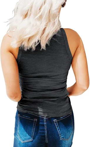 Vista 2 de KINLONSAIR - Camiseta sin mangas para mujer, estilo casual, acanalada, básica, entallada, con botones, cuello Henley