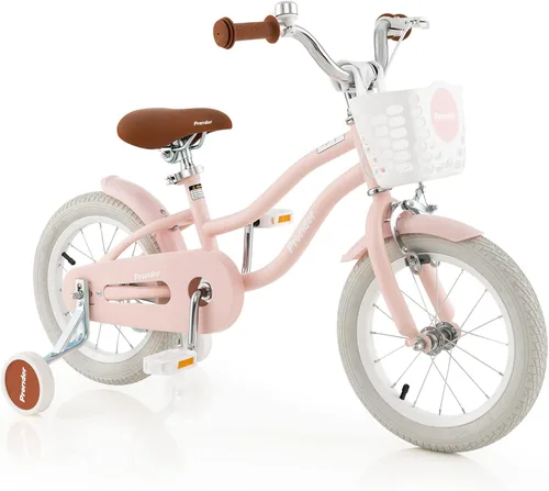 Vista 10 de BABY JOY Bicicleta infantil, 12 14 16 18 20 pulgadas, para niños y niñas, con asiento ajustable, cesta removible, freno de mano y freno