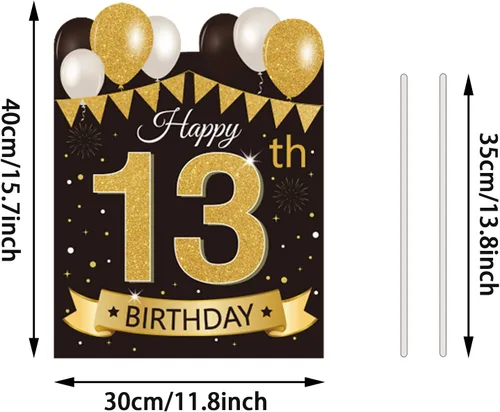 Vista 2 de Letrero grande de patio para fiesta de feliz cumpleaños número 13, negro dorado, letreros de patio de cumpleaños 13 con estacas y decoraciones