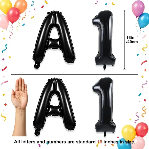Vista 2 de TONIFUL Juego de globos negros de feliz cumpleaños y números de 16 pulgadas, globos de letras de aluminio metálico con globos de 0 a 9 dígitos