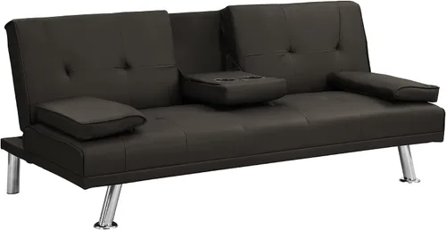 Vista 4 de LUMISOL Sofá cama tipo futón plegable convertible con 2 portavasos, sofá cama para sala de estar, sofá biplaza con marco de madera con patas