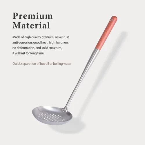 Vista 2 de iBasingo & Boundless Voyage Titanium Skimmer Cucharón Herramienta de cocina ligera con mango de madera Colador de alimentos Colador Herramientas