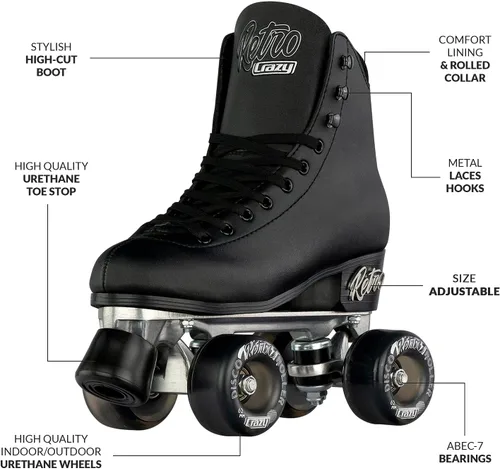 Vista 2 de Crazy Skates Retro Roller Skates Adjustable or Fixed Sizes Classic Quad Skates for Men, Women and Girls Negro (ajustable)