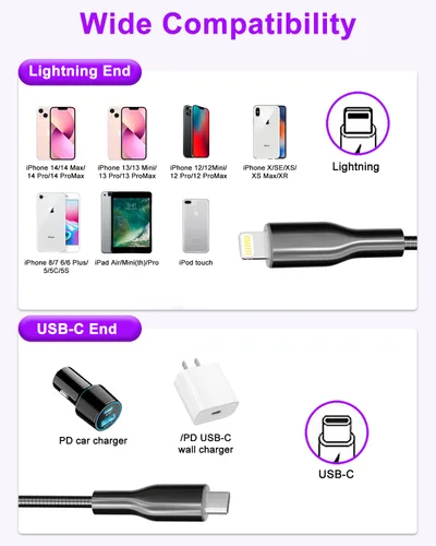 Vista 2 de Cable USB C a Lightning de metal de 6.6 pies, cable de carga a prueba de mordidas para gatos y perros, carga rápida y sincronización de datos, cable