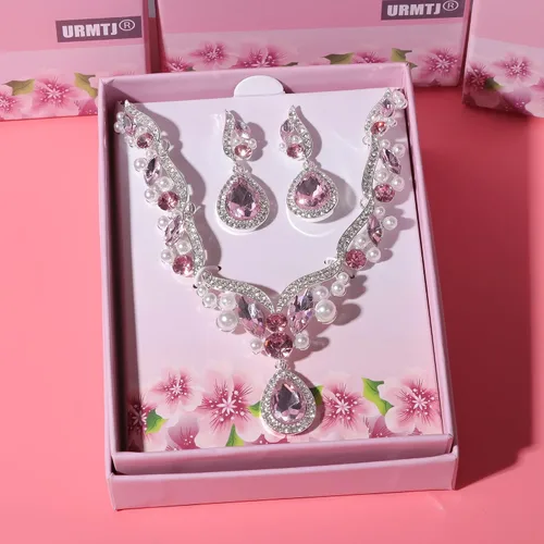 Vista 5 de Conjunto de collar de perlas de novia rojo, esmeralda, azul, rosa, para mujer, esposa, novia, cumpleaños, boda, Gema Zinc, Diamantes de imitación