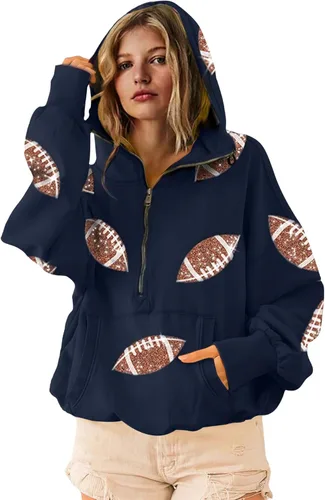 Vista 6 de SeekMe Sudaderas con capucha de lentejuelas para mujer, para el día del partido, suéteres de manga larga con cremallera y bolsillo