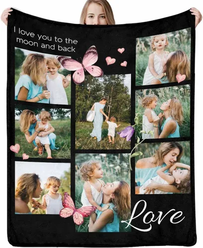 Vista 13 de D-Story Manta personalizada con texto fotográfico, manta de franela personalizada para Navidad, cumpleaños, San Valentín, para parejas, familiares