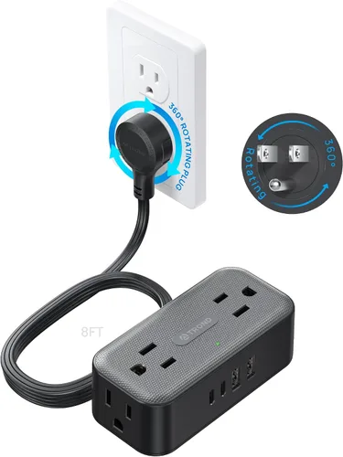 Vista 9 de TROND 360° Rotating Flat Plug Power Strip, 1.5FT Extension Cord with 4 USB Ports, 4 Wide Spaced AC Outlets, Wall Mount, 900J Surge Protector for