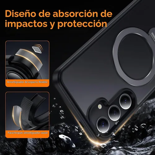Vista 4 de Funda para Samsung Galaxy S24+ Plus, compatible con MagSafe, con soporte de anillo magnético giratorio de 360° [carga inalámbrica], soporte de Negro