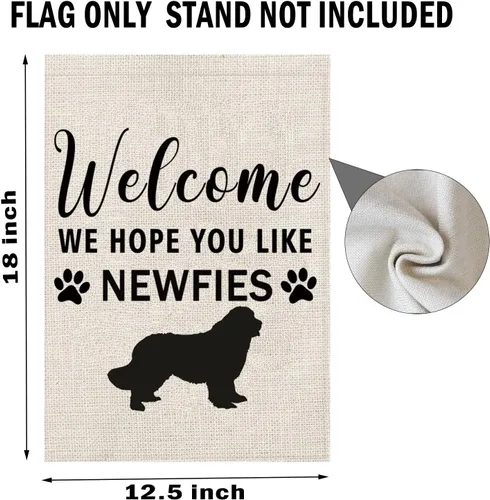 Vista 4 de PWHAOO Newfie - Bandera de jardín con texto en inglés "Welcome We Hope You Like Newfie", bandera de jardín de Terranova, regalos para amantes