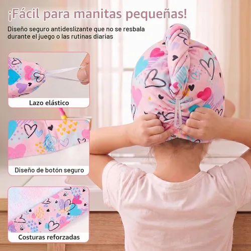 Vista 3 de Basumee Toalla Envolvente de Microfibra para el Cabello para Niños Paquete de 2 Toallas de Cabello de Secado Rápido con Botón Turbantes para Cabello