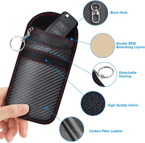 Vista 3 de Bolsa Faraday 2Pack de Fibra de Carbono - Protector de Llave con Bloqueo de Señal RFID y Almacenamiento de Tarjetas, Estuche de Seguridad Antirrobo