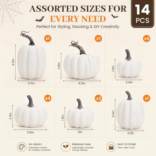 Vista 2 de DomeStar 14 calabazas falsas blancas, calabazas blancas de espuma a granel para Halloween, Acción de Gracias, otoño, temporada de decoración de baby