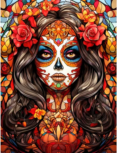 Vista 16 de Pintura de diamantes de calavera de azúcar 5D, kit de numeración, arte del día de la muerte, arte de pared de rosa roja, arte de pared con diamantes