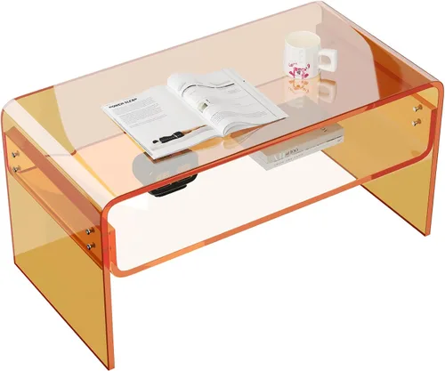 Vista 9 de Mesa auxiliar acrílica, mesa auxiliar moderna rectangular negra, mesa de té con almacenamiento abierto, adecuada para sala de estar, recepción