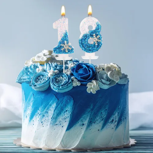 Vista 6 de Velas de cumpleaños del 0 al 9, velas de números con purpurina de copo de nieve, decoración de pasteles blancos y azules para niños y adultos