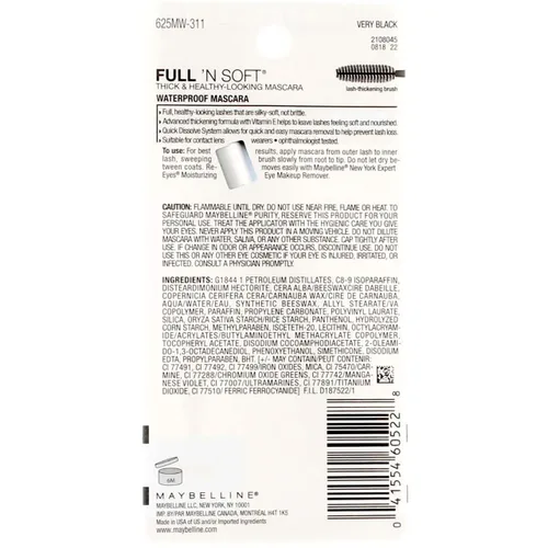 Vista 2 de Máscara a prueba de agua, Full'N soft de Maybelline, muy Negro [311], 0.28 onzas