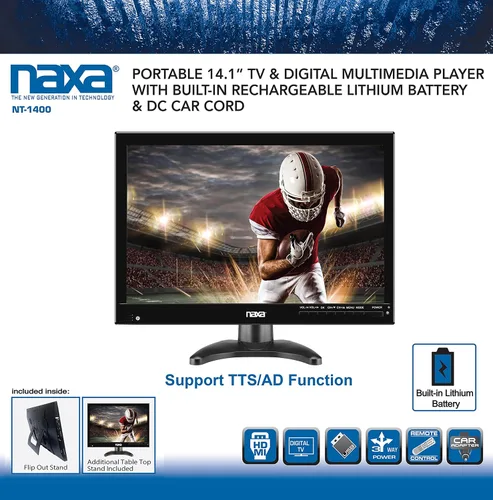 Vista 6 de Naxa NT-1400 Televisor portátil de 14.1 pulgadas y reproductor multimedia digital con sintonizador ATSC integrado para TV HD sobre el aire, soporte