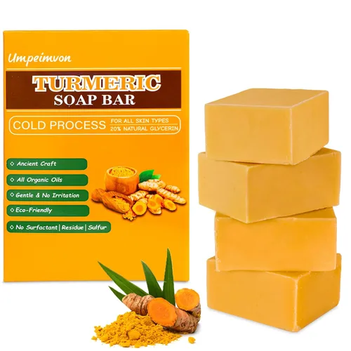 Vista 8 de Paquete de 3 barras de jabón de cúrcuma para limpiador facial y corporal, jabón de cúrcuma orgánico, piel suave e hidratante, jabón tumérico