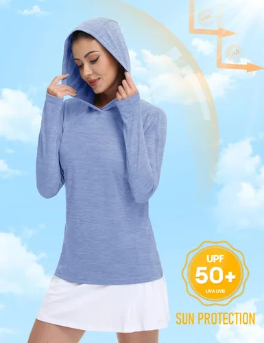 Vista 3 de MAGCOMSEN Camiseta de manga larga con protección solar UPF 50+ para mujer, de secado rápido, ligera, para senderismo y atletismo