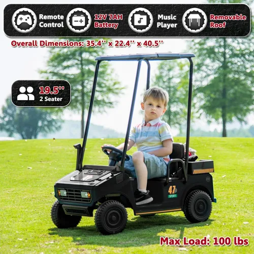 Vista 2 de Carrito de golf de 12 V para niños y niñas de 2 plazas, juguetes eléctricos, color negro