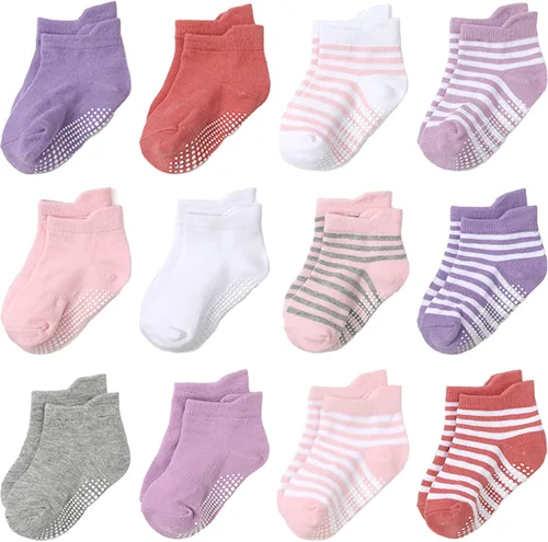 Vista 21 de Calcetines antideslizantes con agarre para tobillos, paquete de 12 unidades para niños pequeños, niños y niñas, lindos calcetines de algodón