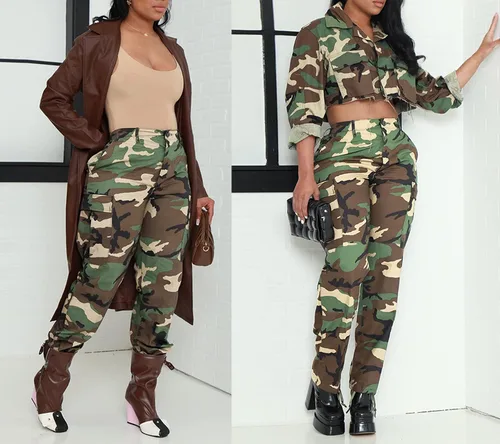 Vista 2 de Vakkest Pantalones cargo de camuflaje de gran tamaño para mujer, pantalones deportivos de entrenamiento, camuflaje militar, fatiga con bolsillos