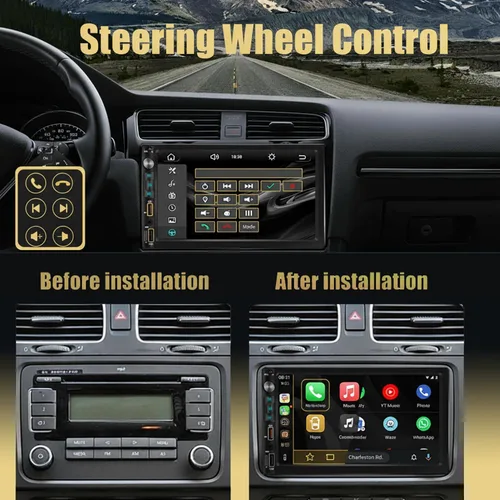 Vista 5 de Estéreo de coche doble DIN con pantalla táctil IPS HD de 7 pulgadas, compatible con Apple Carplay y Android Auto, cámara trasera gran angular