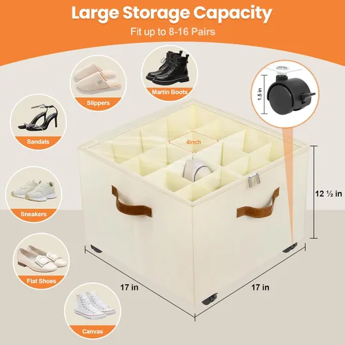 Vista 3 de Foyego Organizador de zapatos para armario, organizador de zapatos con ruedas y divisores ajustables, caja de almacenamiento de zapatos apilable
