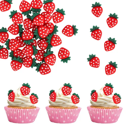 Vista 19 de 24 piezas de adornos para cupcakes de fresa, purpurina roja, temas de frutas, bayas y fresas, para verano, dulces, baby shower, fiesta