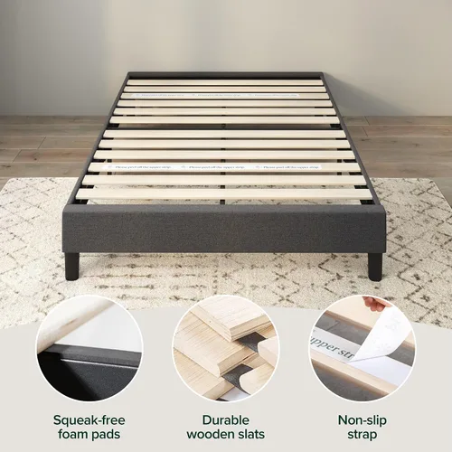 Vista 5 de Zinus Curtis - Base de cama con plataforma tapizada, base de colchón, soporte de listones de madera, no necesita somier, embalaje ecológico Gris