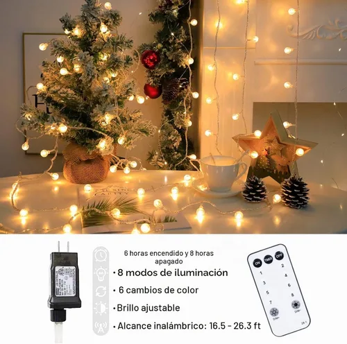 Vista 3 de Cadena de luces de globo de 49.2 pies, 100 luces LED, enchufe de luces de hadas de cristal con temporizador remoto, 8 modos, luces colgantes