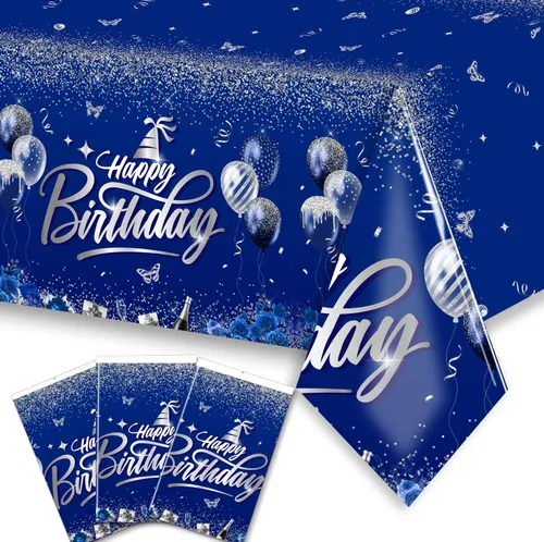Vista 9 de CMUSKO Decoraciones de feliz cumpleaños, 3 piezas, fundas rectangulares de plástico desechables para mesa de cumpleaños, decoración de fiesta