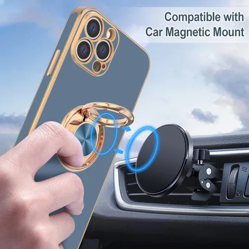 Vista 5 de Hython Funda para iPhone 13 Pro Max con soporte de anillo [soporte de anillo giratorio de 360° con soporte magnético] [borde chapado en oro rosa]