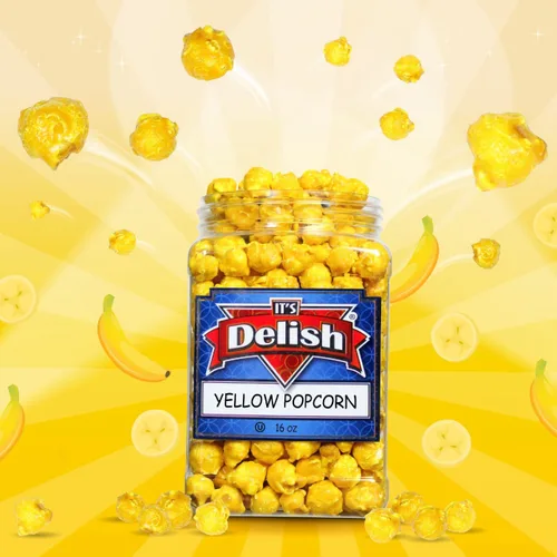Vista 2 de Palomitas de maíz gourmet con sabor a plátano amarillo de It's Delish, envase jumbo de 16 oz Snack de pop corn aireado a granel - Temática frutal