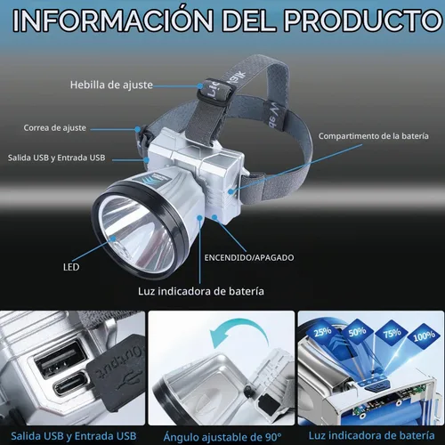Vista 2 de Linterna frontal recargable súper brillante de alta potencia, lámpara LED recargable, luces LED para la frente, faro frontal impermeable con luces