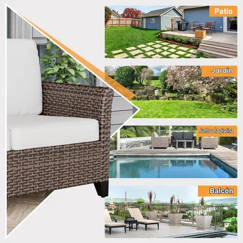 Vista 7 de COOS BAY Harbor Retreat - Sofá para exteriores, sofá de ratán de 3 plazas con cojines, muebles de patio pequeños para balcón o terraza, marrón/beige