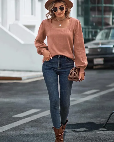 Vista 4 de Suéter de manga larga abombada para mujer, suave cuello en V, cuello cuadrado, suéter de punto vintage, suéteres de otoño para mujer