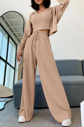 Vista 5 de PRETTYGARDEN Trajes de 3 piezas para mujer, conjuntos a juego, cárdigan de punto acanalado, camisetas sin mangas, pantalones de pierna ancha