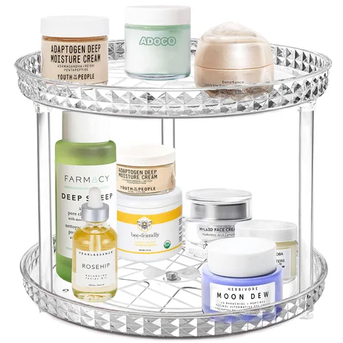Vista 5 de Organizador de baño Lazy Susan de 2 niveles, organizador de maquillaje cosmético giratorio transparente de 360 grados para tocador, organizador
