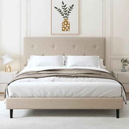 Vista 10 de Marco de cama de lino tamaño matrimonial con cabecero ajustable Beige