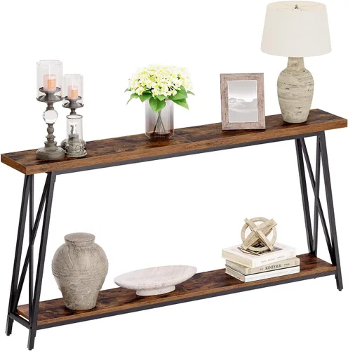 Vista 10 de MAHANCRIS Mesa consola, mesa de entrada industrial de 63 pulgadas, mesa de sofá extra larga de 2 niveles detrás del sofá, soporte en forma de X