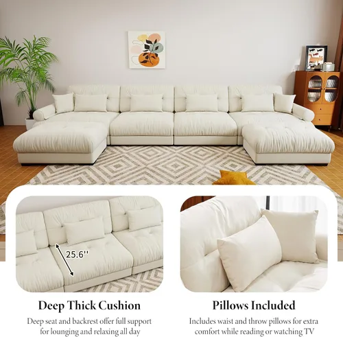 Vista 6 de Sofá modular de gran tamaño de 94 pulgadas, sofás seccionales grandes de color beige y blanco para sala de estar, juego de sofá de terciopelo, sofás