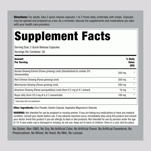 Vista 2 de Piping Rock Suplemento de ginseng 100 cápsulas complejas con jalea real Suplemento sin OMG y sin gluten