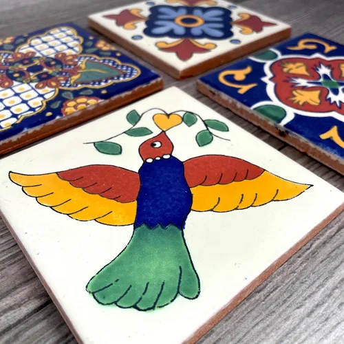 Vista 3 de Juego mixto de 4 posavasos mexicanos para azulejos