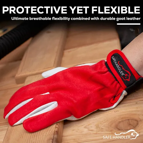 Vista 3 de SAFE HANDLER Guantes de montaje ECO Tela elástica para mayor comodidad, transpirable, cierre seguro de gancho y bucle, palma de cuero de cabra