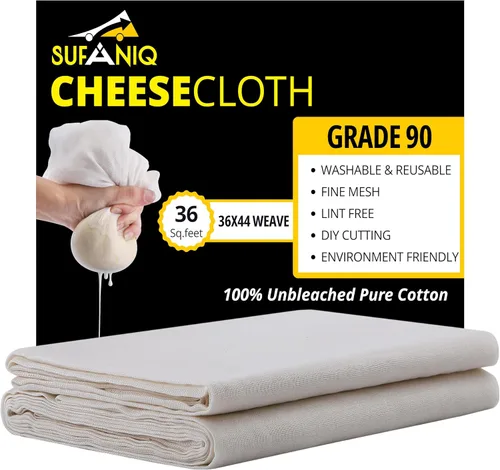 Vista 13 de Sufaniq Paños de Queso, Grado 90 (9 Pies Cuadrados) Estopilla Reutilizable de Algodón 100% Puro, Tela Ultrafina Sin Blanquear, Estopilla para Colar