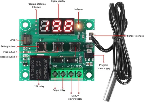 Vista 2 de 2 módulos controladores de temperatura W1209, pantalla LED, módulo de termostato digital con funda DC 12 V, interruptor electrónico digital