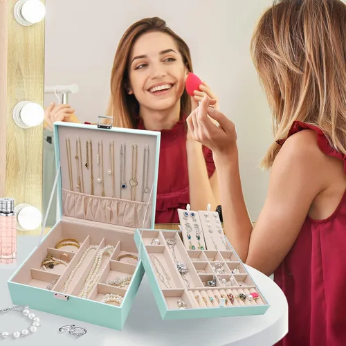 Vista 6 de ProCase - Joyero grande de cuero con dos niveles para organizar aretes, pulseras, anillos, relojes, para mujeres, niñas, regalo ideal para novia